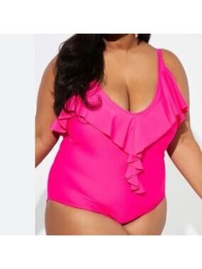 NWT FashionNova Womens Hot Pink Ruffled V-neck 1-PC Swimsuit Plus Size 1X